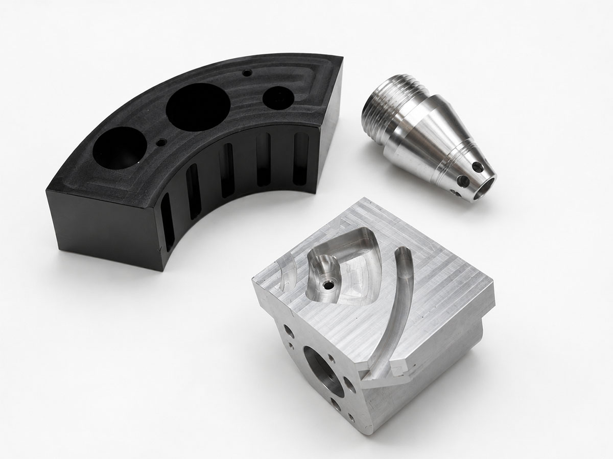Multi-material CNC parts in aluminum, brass, steel and plastic